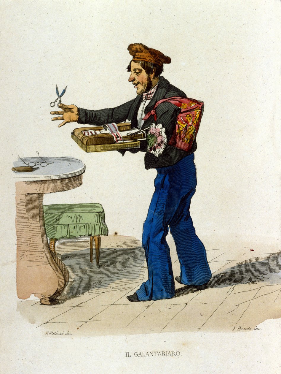Galanteriehändler (Kleinhändler) in Neapel. Diese Straßenhändler boten Kosmetika an. - Farbige Kupferstichgravur nach einem Gemälde von F. Palizza (aus: „Costumi del regno“ von Francesco de Bourcard). von Filippo Palizzi