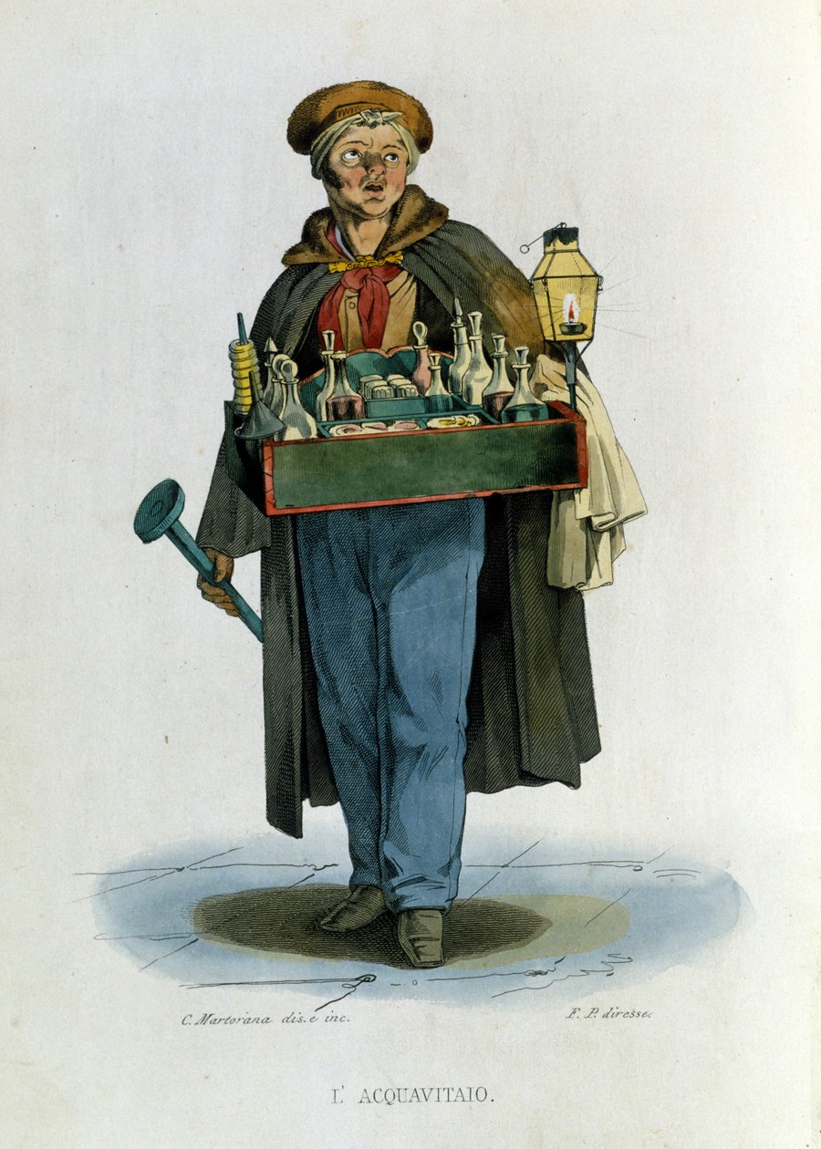Kleingewerbe der Stadt Neapel: ein reisender Branntweinverkäufer. Gravur nach einem Gemälde von F. Palizza. Aus einem Werk von Francesco de Bourcard „Costumi del regno di Napoli“ von Filippo Palizzi