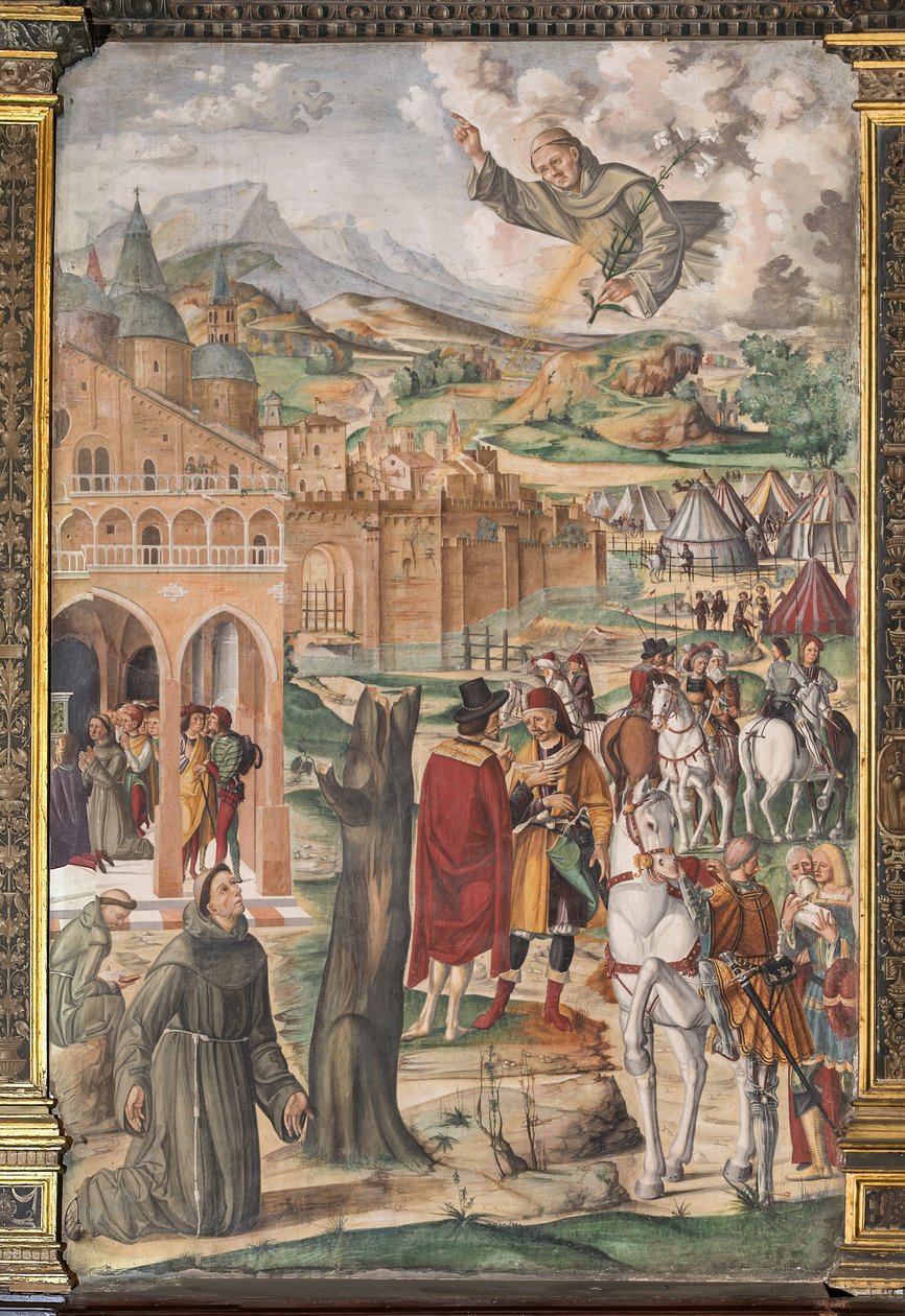 Der Heilige erscheint dem seligen Luca Belludi und sagt die Befreiung von Padua voraus, Schule des Heiligen von Filippo da Verona