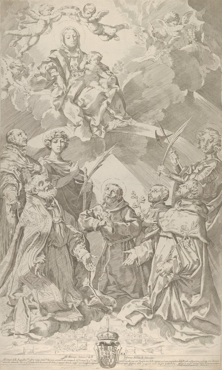 Schutzheilige von Bologna blicken zur Jungfrau, die in den Wolken sitzt..., 1640-50 von Flaminio Torre