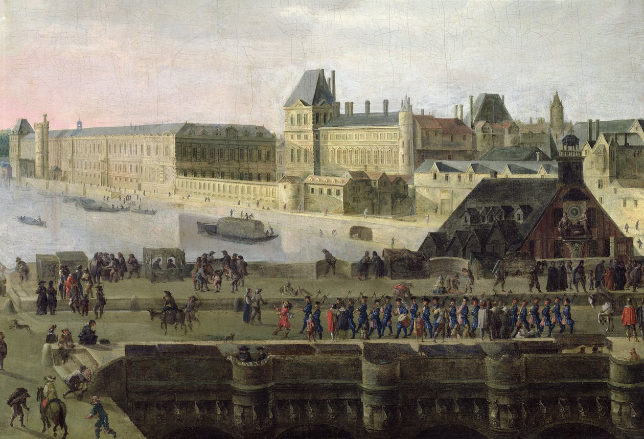 Ansicht der Pont-Neuf und der Seine flussabwärts, Detail der Brücke und des Louvre, ca. 1633 (Detail) von Flemish School