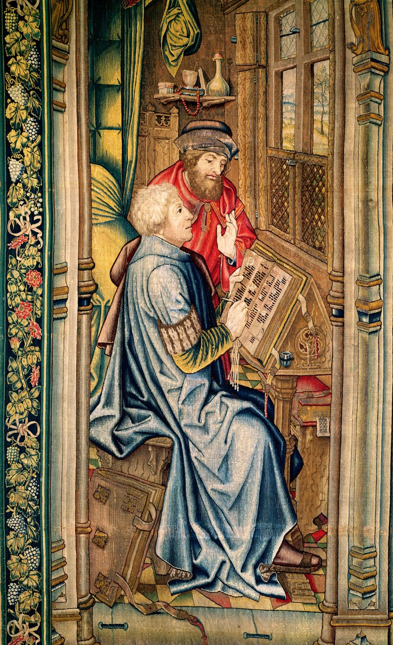 Ein Schreiber schreibt einen Bericht, Detail aus Die Überführung der Bundeslade, aus dem Wandteppich von David und Bathseba, ca. 1510-15 (Detail) von Flemish School