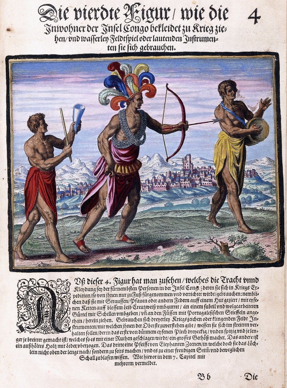 Eine Seite aus dem Buch "Kleine Reisen, auf Deutsch, Teil I: Pigafettas Kongo", 1597 von Flemish School