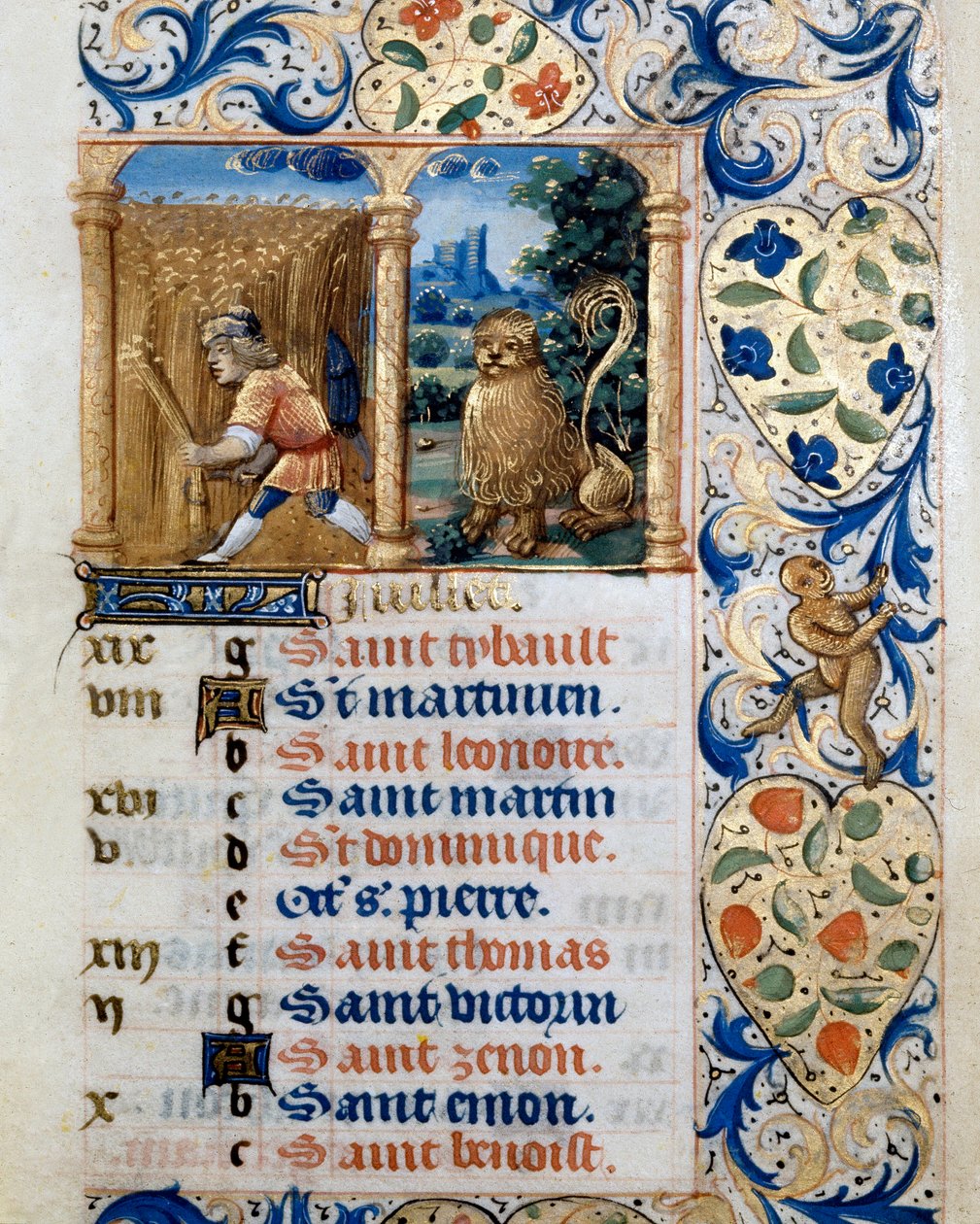 Kalender, der Monat Juli, ein Bauer in einem Weizenfeld und das Zeichen des Löwen. Seite aus einem Stundenbuch ms. 47, illuminiert von der flämischen Schule. 16. Jahrhundert Badia de 
