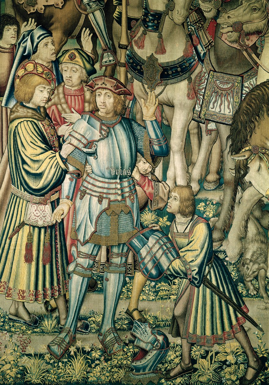 Detail von Uria dem Hethiter, der bewaffnet wird, aus Die Reiter versammeln sich, aus dem Wandteppich von David und Bathseba, ca. 1510-15 von Flemish School