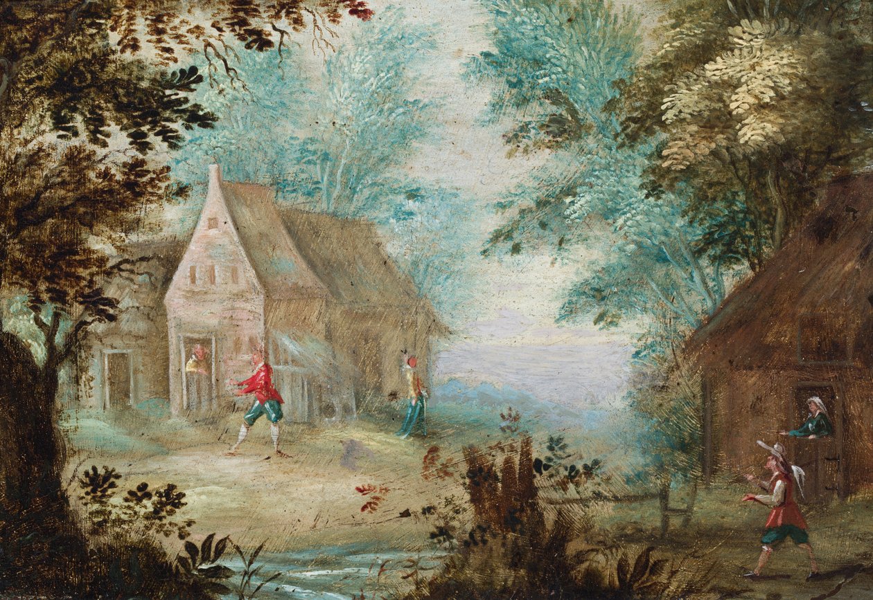 Figuren in einer bewaldeten Lichtung nahe Hütten von Flemish School