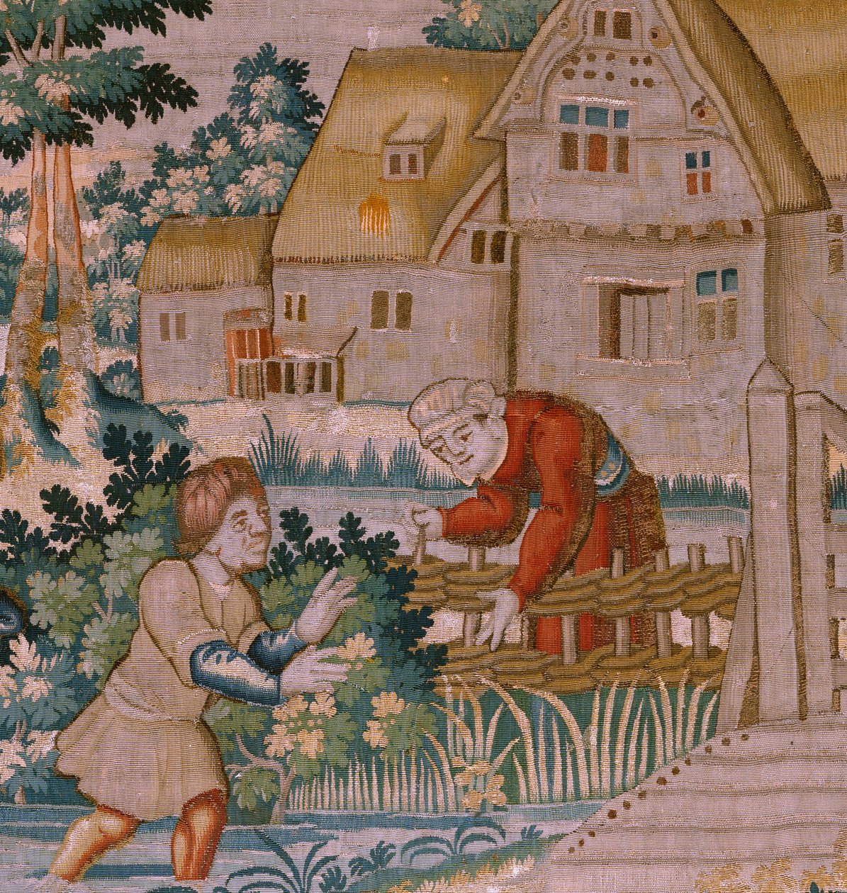 Flämischer Wandteppich. Händeklatschen. Atelier von Oudenaarde. 17. Jahrhundert. von Flemish School