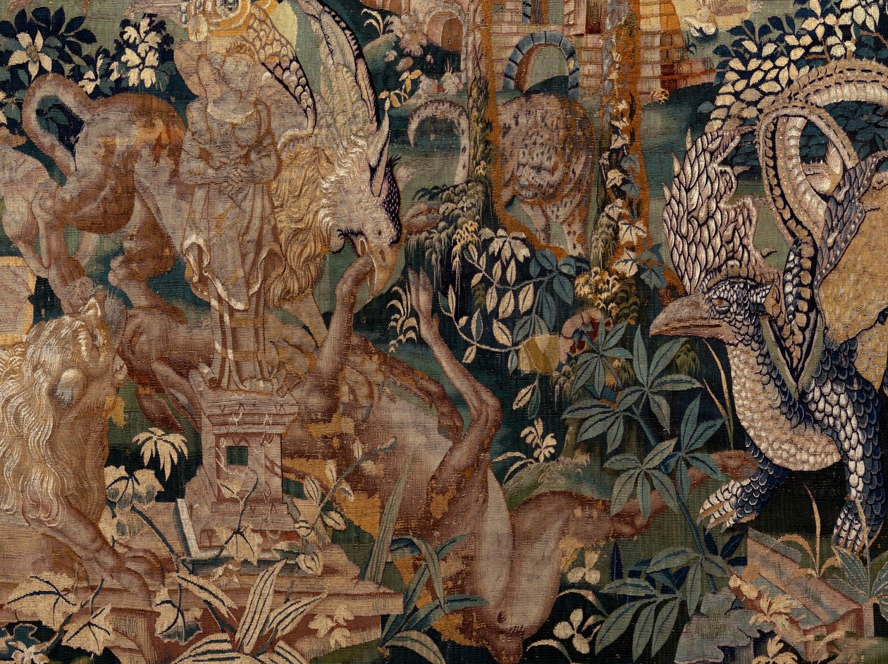 Flandrischer Wandteppich. Landschaft mit Pergola und großen Tieren, mit 2 Säulen. Atelier von Oudenaarde. 17. Jahrhundert. von Flemish School