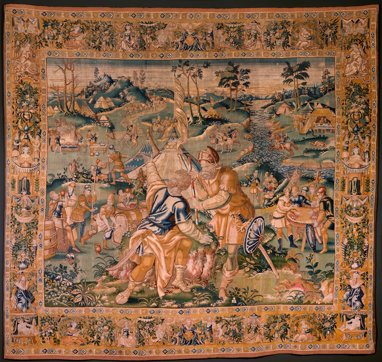 Flämische Tapisserie. Militärlager am Fluss Granikos. Atelier von Oudenaarde. 377x393cm. Inv 83104-9 /00011. 17. Jahrhundert. von Flemish School