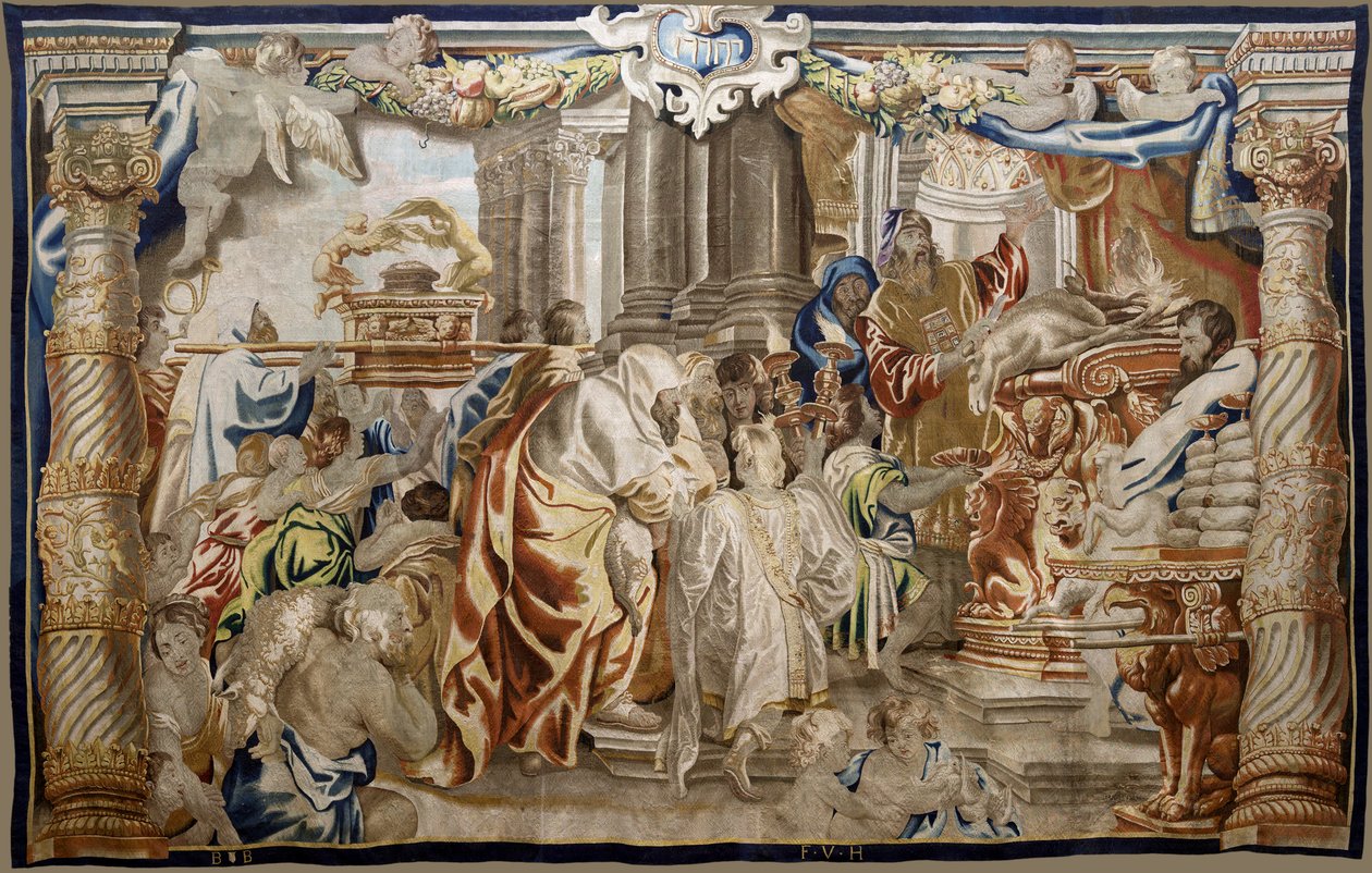 Flämischer Wandteppich. Serie Apotheose der Eucharistie. Opfer des mosaischen Gesetzes. Modell Cartoon kopiert von einem Original von Rubens. Brüsseler Herstellung. Herstellung durch Frans van den Hecke. Mitte 17. Jahrhundert von Flemish School