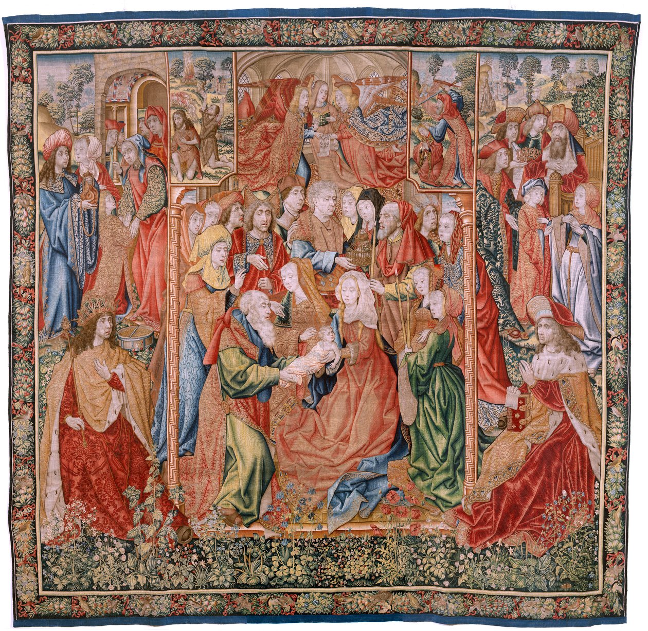 Flämischer Wandteppich. Serie Episoden aus dem Leben der Jungfrau Maria; Darstellung im Tempel (Presentación en el Templo). Zweiter Wandteppich der Serie. Modelle Jan van Roome (oder van Brussel) zugeschrieben. Herstellung Pieter van Aelst, Brüssel. Ca 150 von Flemish School