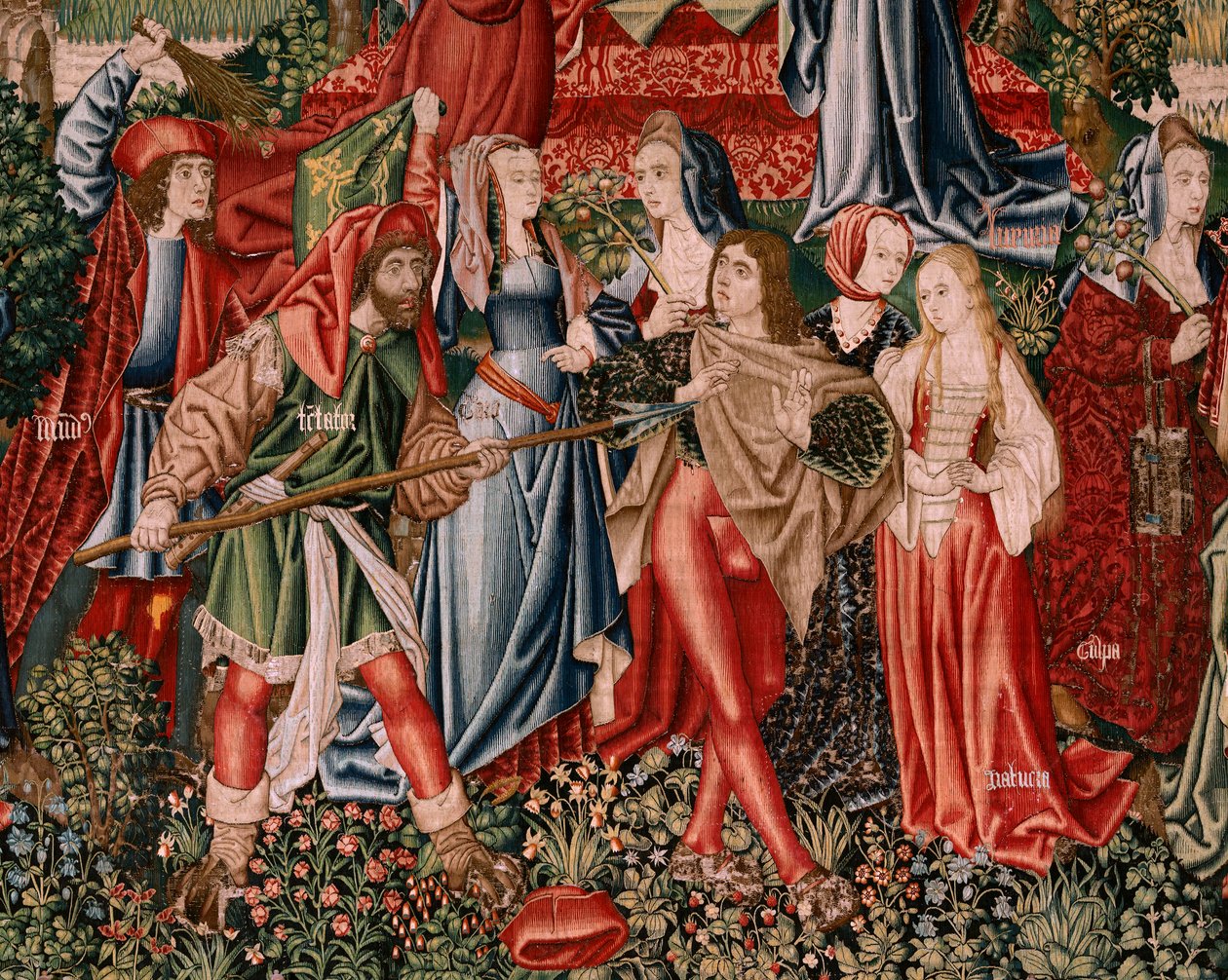 Flämischer Wandteppich. Serie Menschliche Erlösung oder Laster und Tugenden. Laster führen den Menschen zur Sünde. Zweiter Wandteppich der Serie (erster der in Palencia aufbewahrten). Brüsseler Herstellung, Werkstatt. Ca. 1510. Größe 425 x 800 cm. Stoff Wo von Flemish School