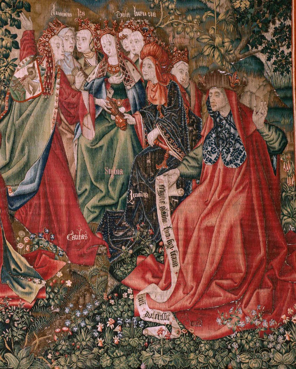 Flämischer Wandteppich. Serie Menschliche Erlösung oder Laster und Tugenden. Die Tugenden fordern die Laster heraus, als Christus sein Amt antritt (Las Virtudes desafían a los Vicios cuando Cristo comienza su ministerio). Sechster Wandteppich in der Serie  von Flemish School