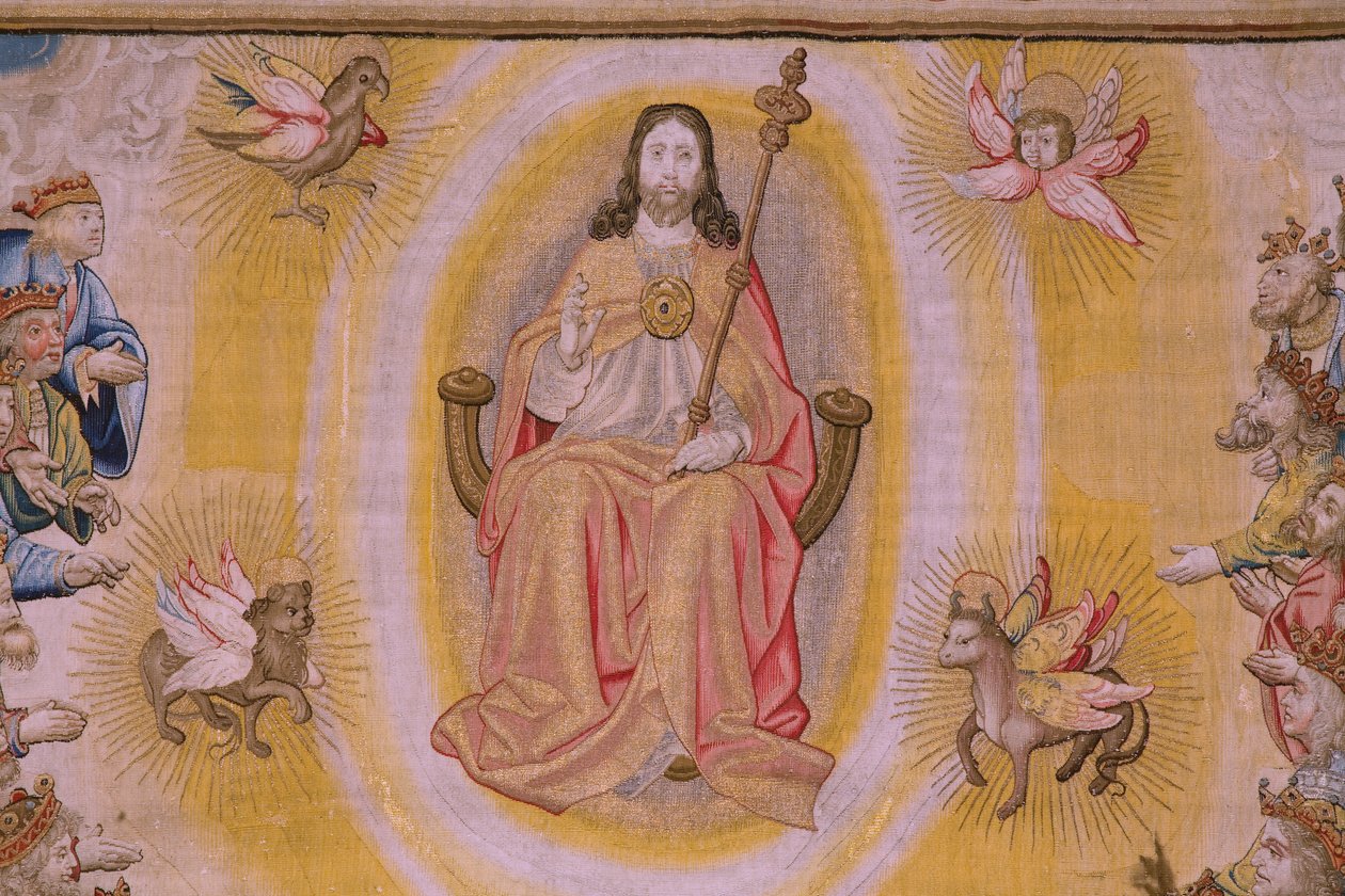 Flämischer Wandteppich. Serie Die Apokalypse: Der heilige Michael besiegt den Drachen. Atelier Willem Dermoyen, Brüssel. Ca. 1553-1555. (Detail) von Flemish School