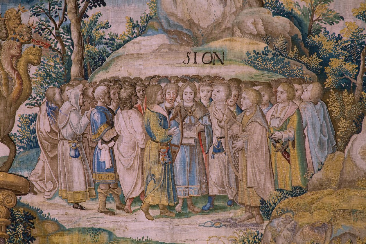 Flemischer Wandteppich. Serie Die Apokalypse: Der heilige Michael besiegt den Drachen. Atelier Willem Dermoyen, Brüssel. Ca. 1553-1555. (Detail) von Flemish School