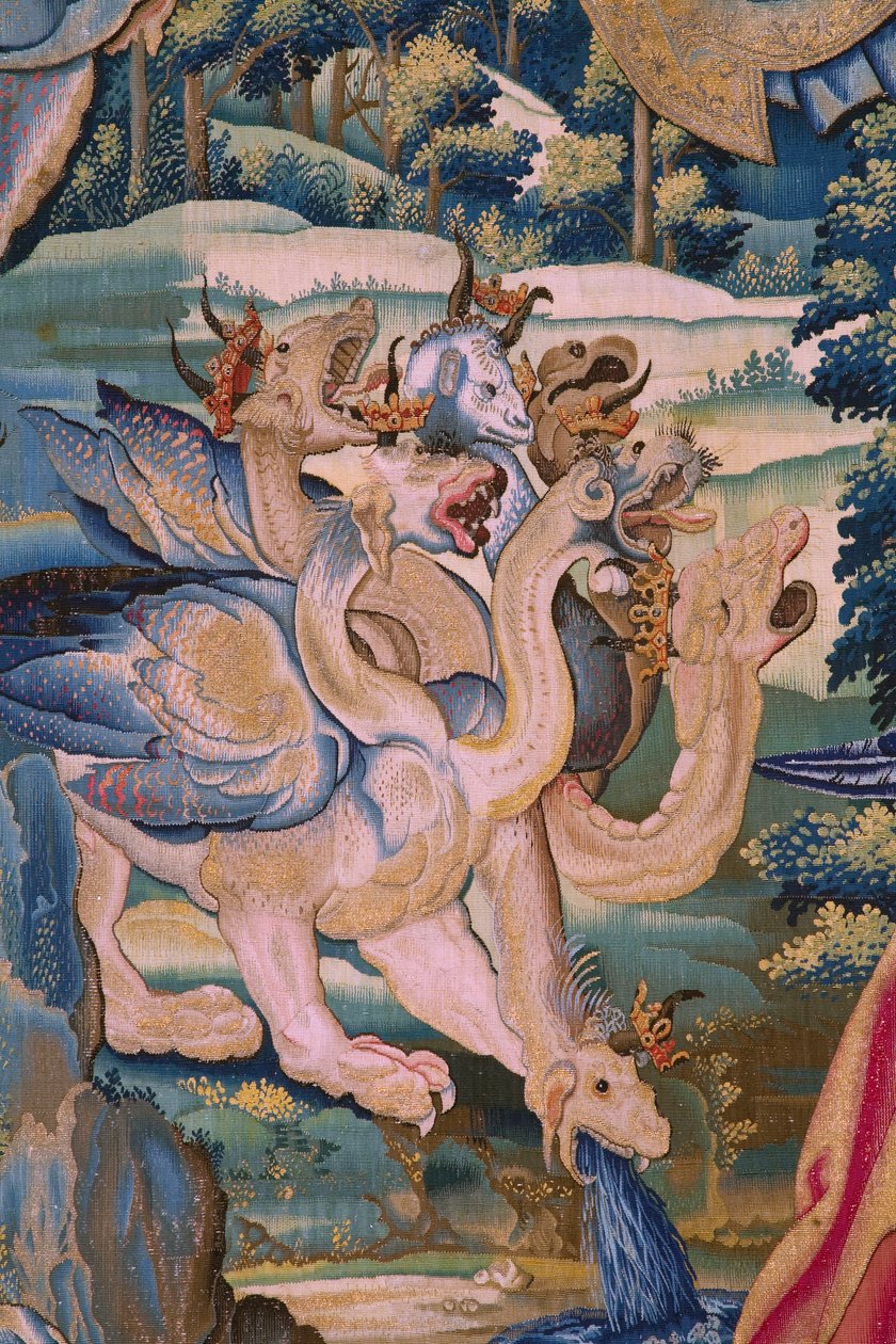 Flemischer Wandteppich. Serie Die Apokalypse: Der heilige Michael besiegt den Drachen. Atelier Willem Dermoyen, Brüssel. Ca. 1553-1555. (Detail) von Flemish School