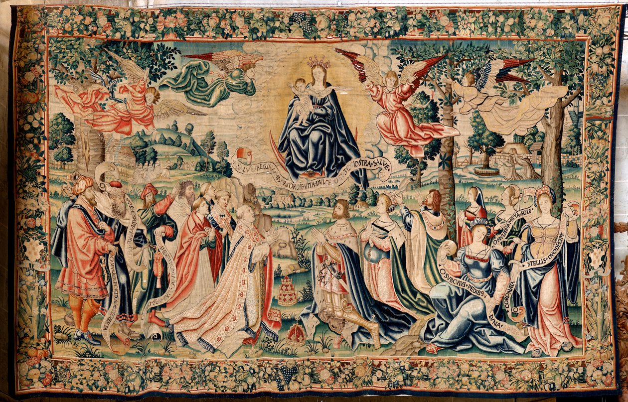 Flämischer Wandteppich. Serie Der Hagel. Salve Regina. Herstellung Brüsseler Werkstätten, möglicherweise von Marc Crétif. Ca. 1528. Größe 412 x 652 cm. Stoff Seide und Wolle. Standort Kathedrale von Palencia. Herkunft Ein Vermächtnis von Bischof Fonseca im von Flemish School