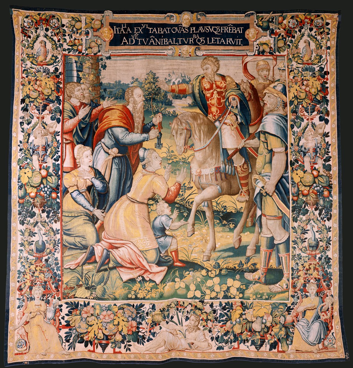 Flämischer Wandteppich. Serie Die Geschichte von Hannibal. Hannibal in Italien. Dritter Wandteppich der erhaltenen. Modelle Anonymer Meister der Niederlande. Brüsseler Herstellung, Werkstatt. Ca 1570. Stoff Wolle und Seide. 6,5/7 Ketten pro cm. Größe von Flemish School