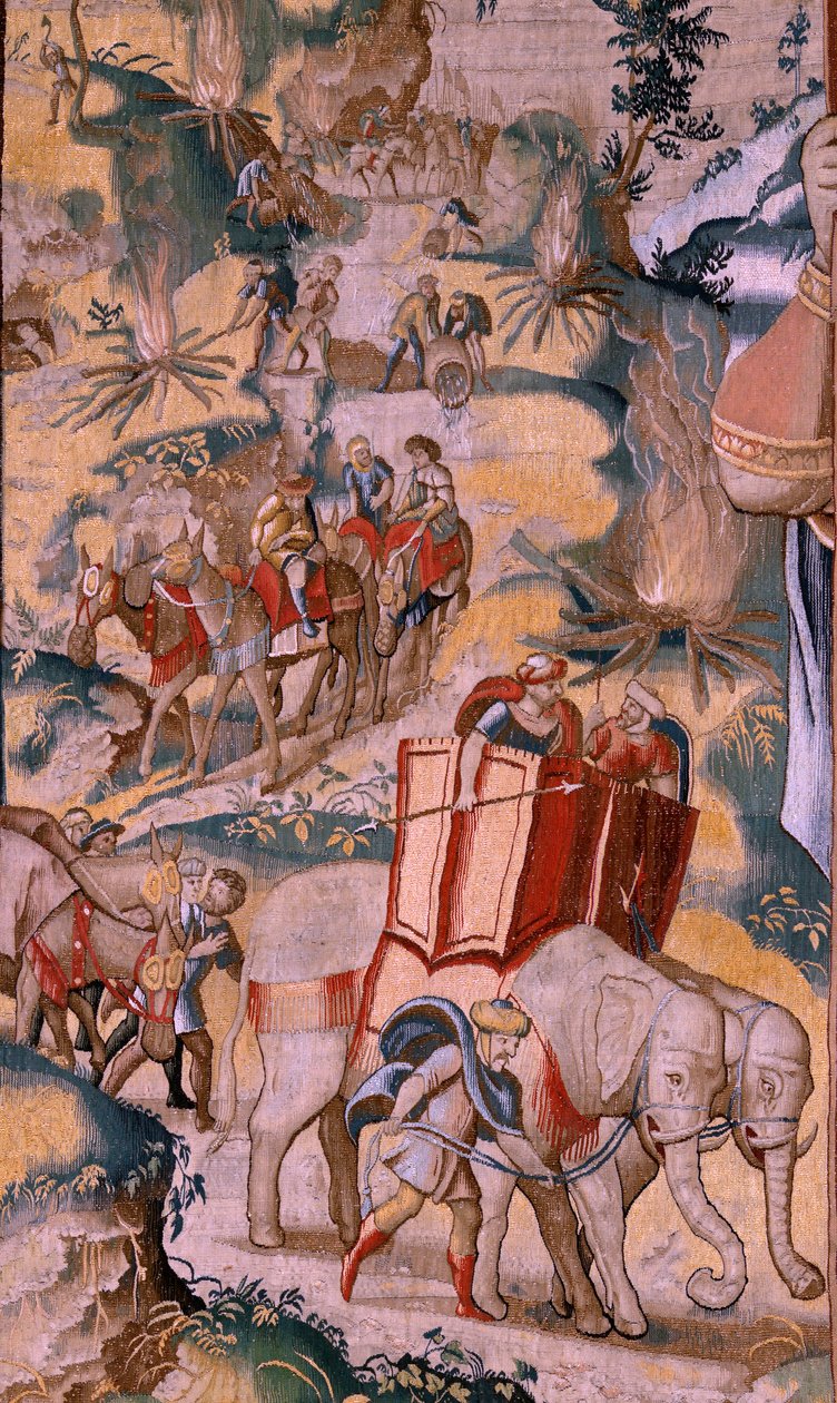 Flämischer Wandteppich. Serie Die Geschichte von Hannibal. Der Übergang über die Alpen. Zweiter Wandteppich der erhaltenen. Modelle Anonymer Meister der Niederlande. Brüsseler Herstellung, Werkstatt. Ca. 1570. Stoff Wolle und Seide, 6,5/7 Kettfäden pro cm. von Flemish School