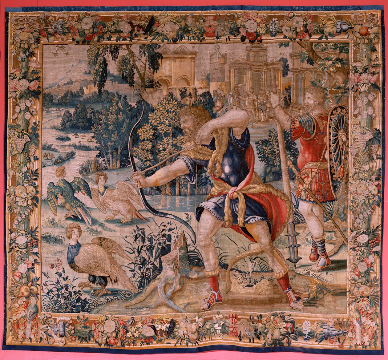 Flämischer Wandteppich. Serie Die Arbeiten des Herkules. Herkules und die Stymphalischen Vögel. Erster Wandteppich der erhaltenen Serie. Modell Unbekannt. Herstellung Willem Dermoyen, Brüssel. Ca. 1528. Stoff Seide und Wolle. von Flemish School