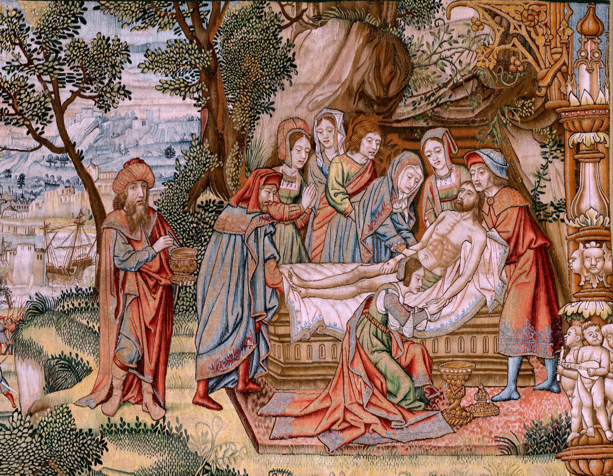 Flämischer Wandteppich. Serie Die Passion Christi. Die Kreuzabnahme. Die zweite Wandteppichserie der Passion Christi, die zum Patrimonio Nacional gehört. Modell Kartonisten aus dem Kreis von Jan van Roome. Herstellung Pieter van von Flemish School