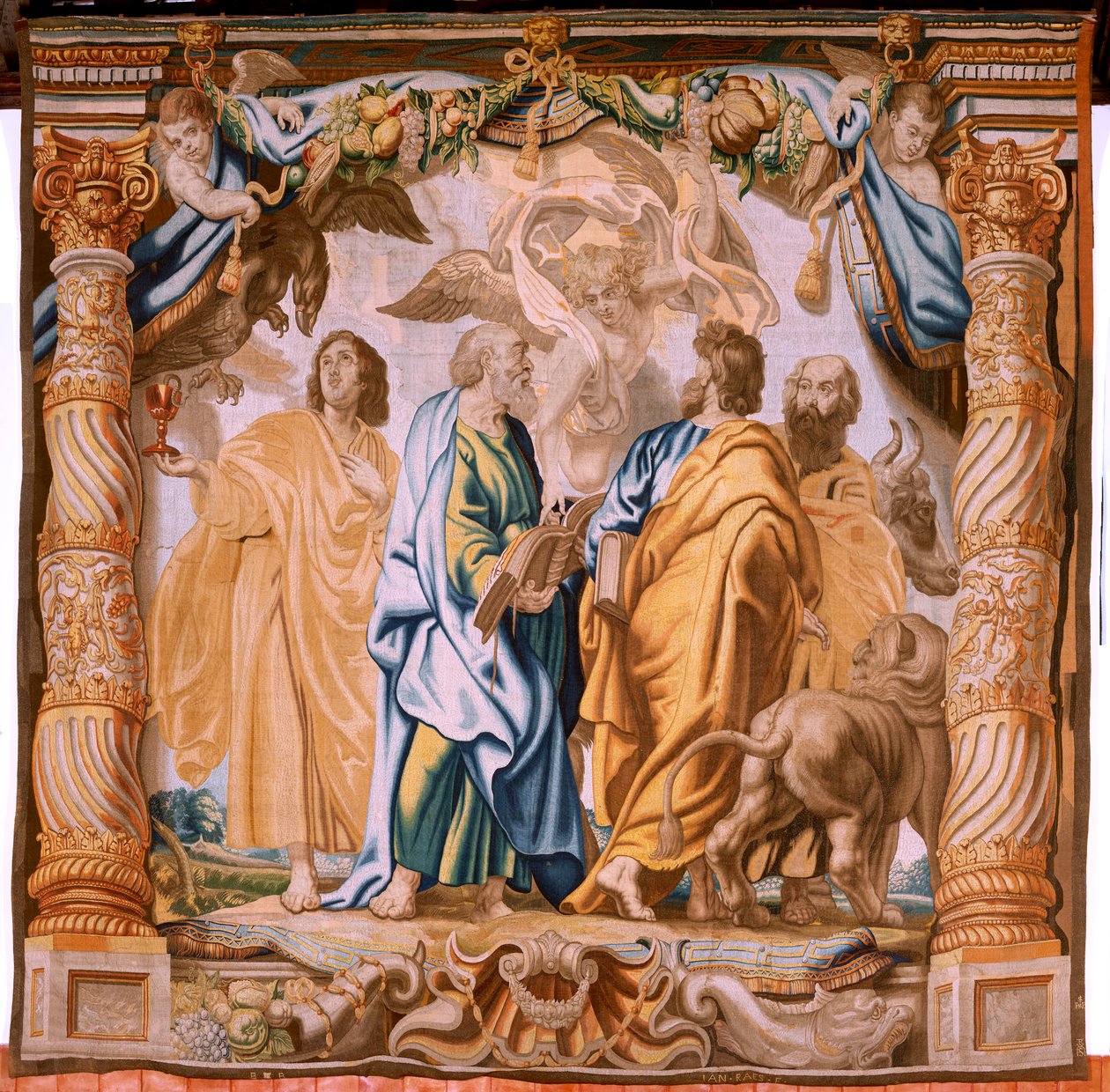 Flämische Tapisserie. Serie Der Triumph der Eucharistie. Die vier Evangelisten. Elfter Wandteppich in der Serie. Modell Peter Paul Rubens. 1626-1628. Herstellung Jan II Raes, Hans Vervoert, Jacques Fobert, Brüssel. von Flemish School