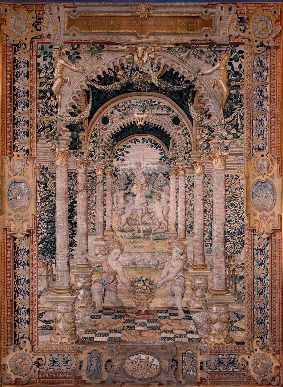Flämischer Wandteppich. Serie Vertumnus und Pomona. Siebter Wandteppich der Serie; Vertumnus verwandelt sich in einen Fischer (zentraler Teil). Modelle Kreis von Pieter Coecke Van Aelst und Léonard Thiry. Herstellung Unbekannte Werkstatt, Brüssel. Vor 1550 von Flemish School