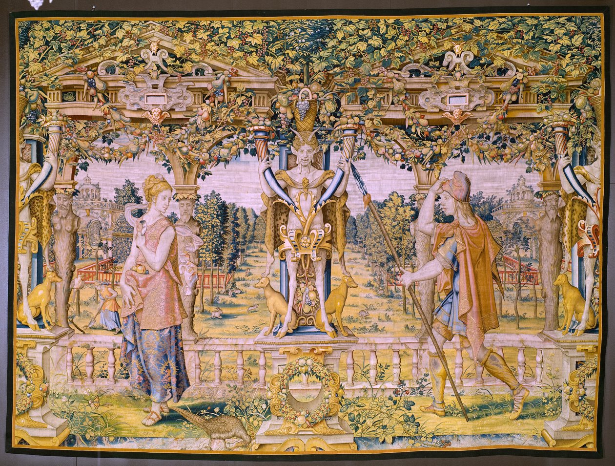 Flämischer Wandteppich. Serie Vertumnus und Pomona: Vertumnus verwandelt sich in einen Bauern. Atelier Willem de Pannemaker. Ca. 1545-1550 von Flemish School