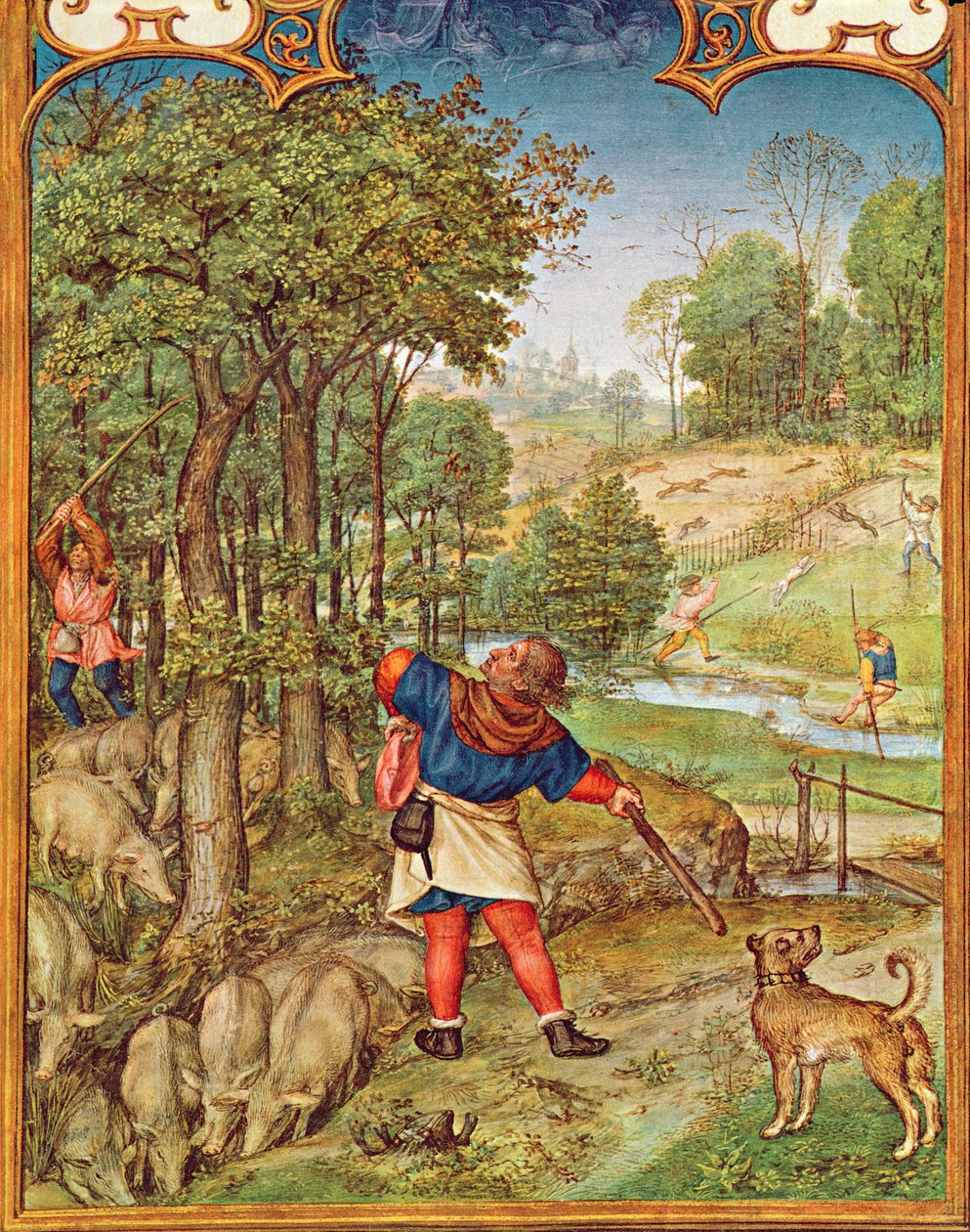 Fol.11v Der Monat November: Eicheln für die Schweine ernten und Jagen, aus dem Breviarium Grimani, ca. 1515 von Flemish School