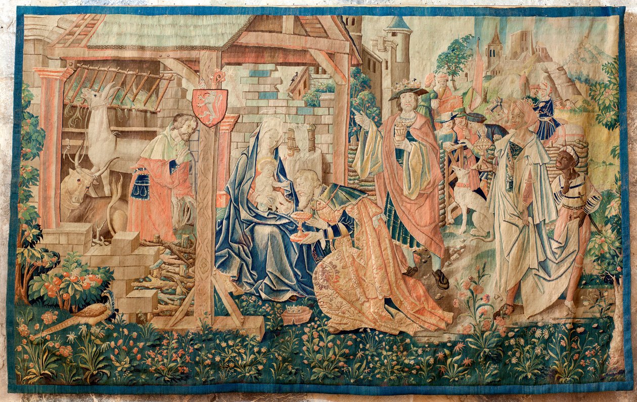 Ehemalige Kathedrale (Ancienne cathédrale Notre-Dame). Museumssammlungen. Flämischer Wandteppich. Die Anbetung der Könige. Auftrag von Bischof Jean de Mauléon. Teil einer Serie, die ursprünglich über dem Jubé (Lettner) hing. 16. Jahrhundert. von Flemish School