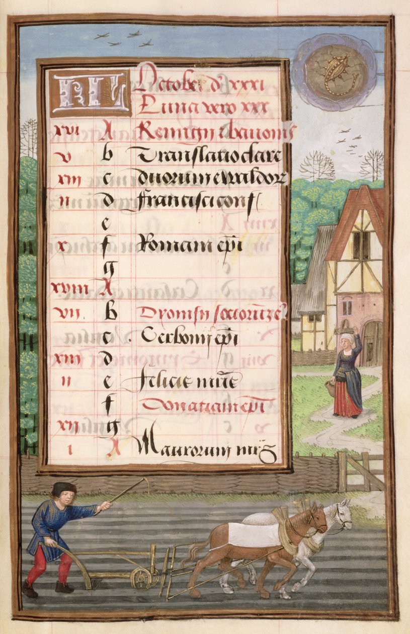 Ms 1058-1975 f10r Pflügen mit zwei Pferden, illuminierte Kalenderseite für Oktober, aus einem Stundenbuch, ca. 1500 von Flemish School