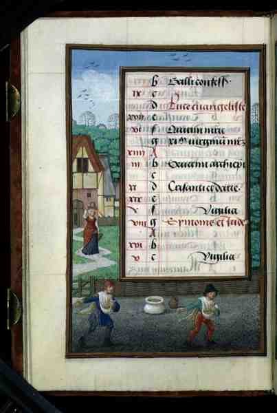 Ms 1058-1975 f.10v Zwei Männer säen Korn, illuminierte Kalenderseite für Oktober, aus einem Stundenbuch, ca. 1500 (Pergament) von Flemish School