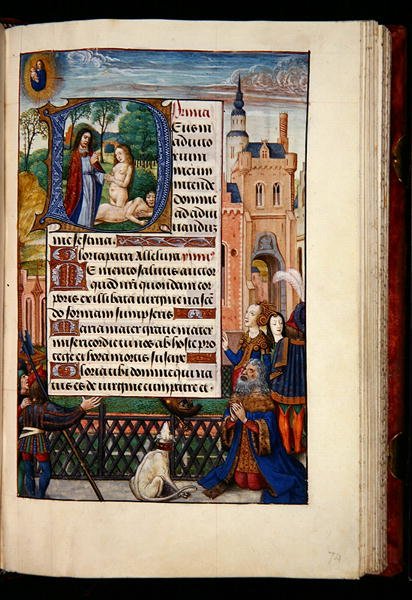 Ms 1058-1975, f.74r: König David betet zur Jungfrau und dem Kind und eine historisierte Initiale D, die die Erschaffung Evas darstellt, aus einem Stundenbuch, Brügge, ca. 1510 von Flemish School