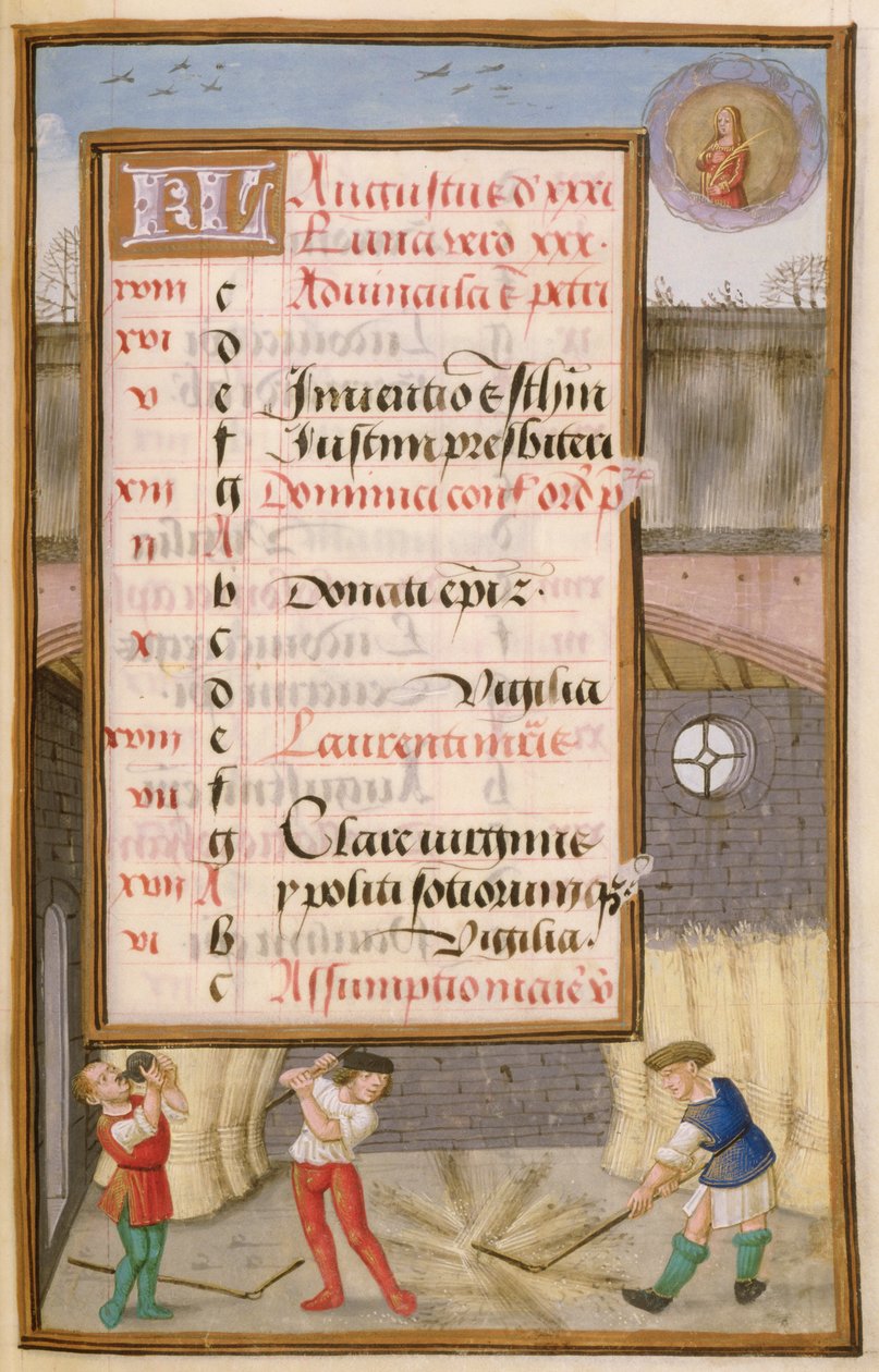 Ms 1058-1975 f8r Korn dreschen in der Scheune, illuminierte Kalenderseite für August, aus einem Stundenbuch, ca. 1500 von Flemish School