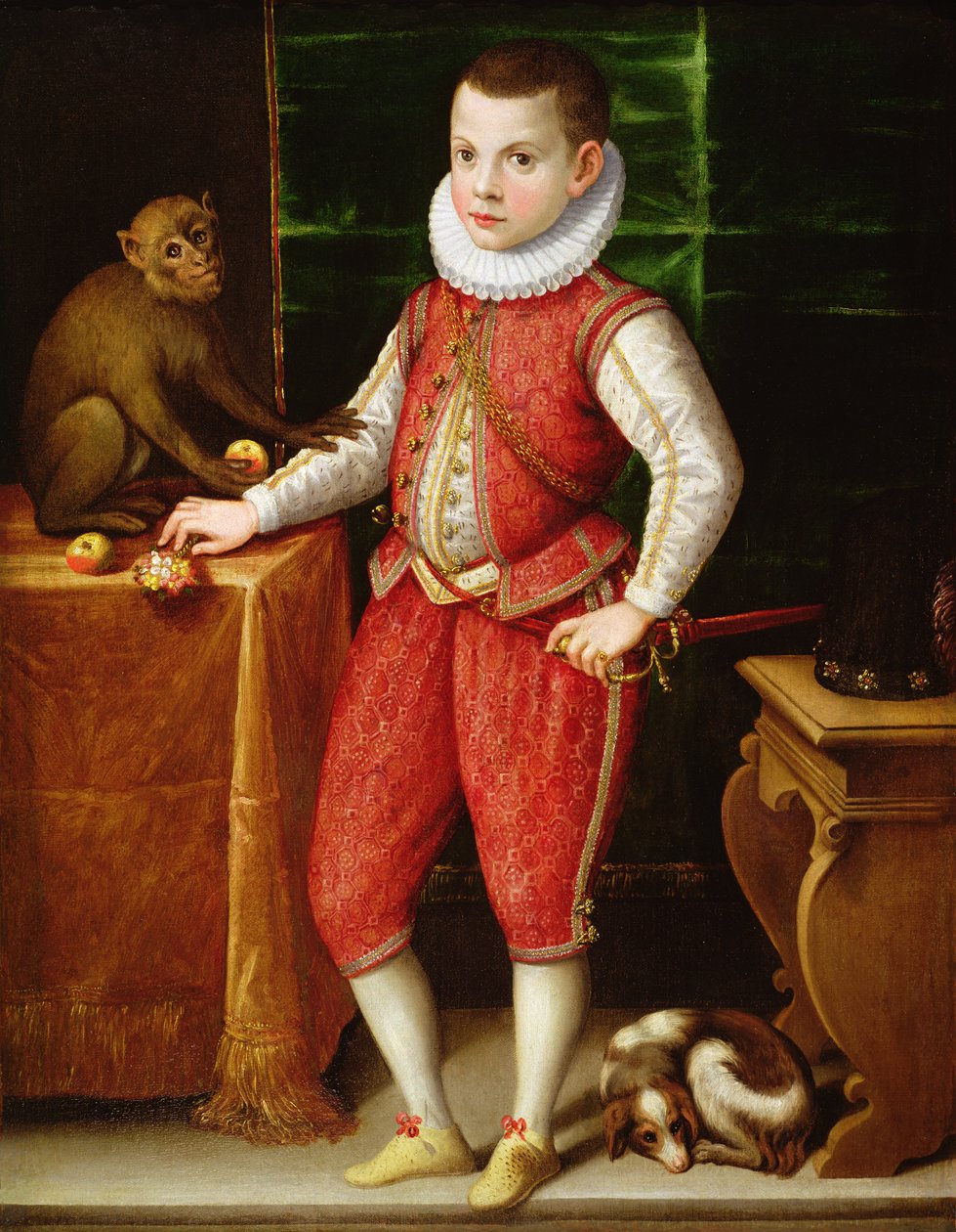 Porträt eines jungen Adligen mit einem Affen und einem Hund, ca. 1615 von Flemish School