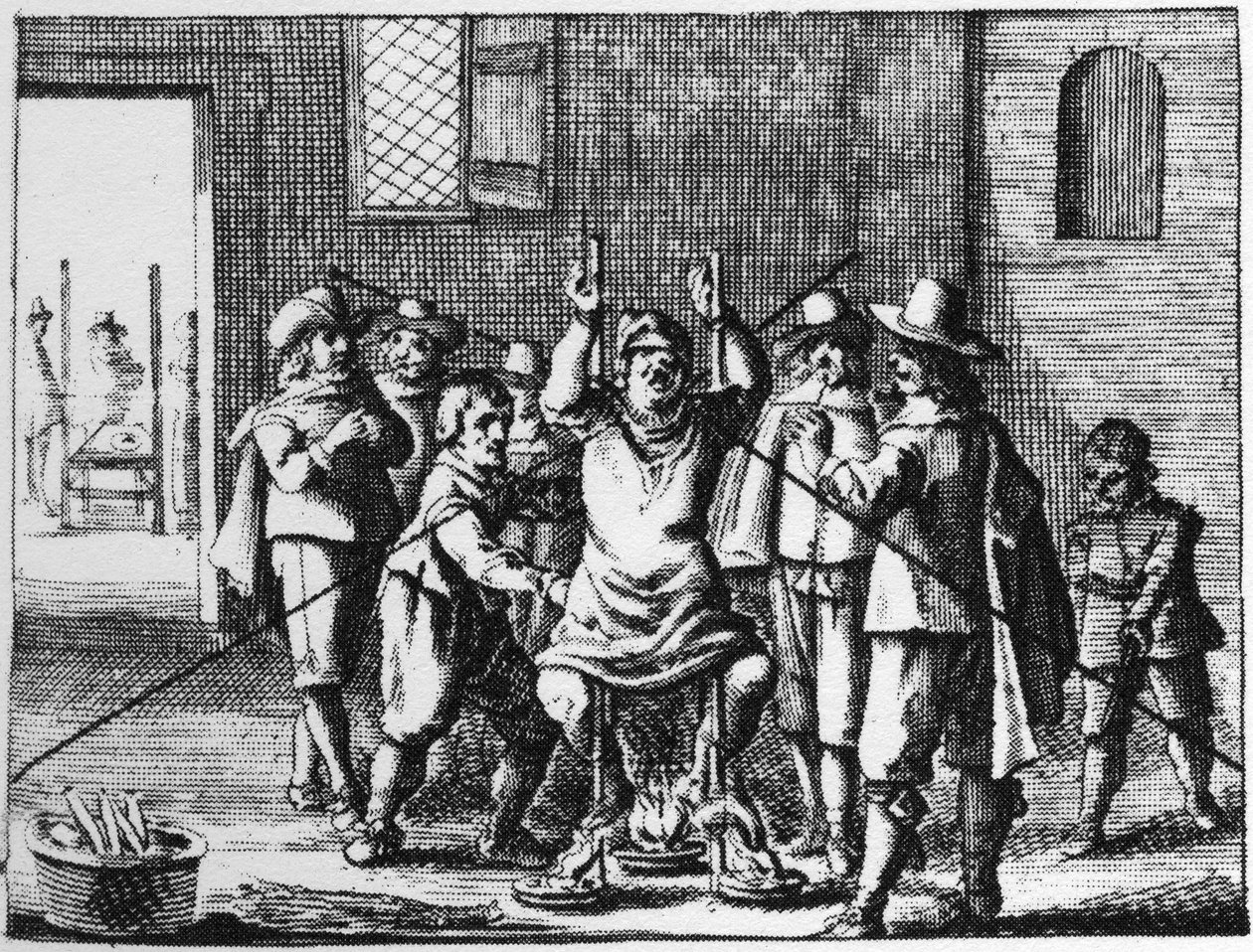 Hexenmeister, dem die Halskette gefoltert wird - Gravur von 1725 in 