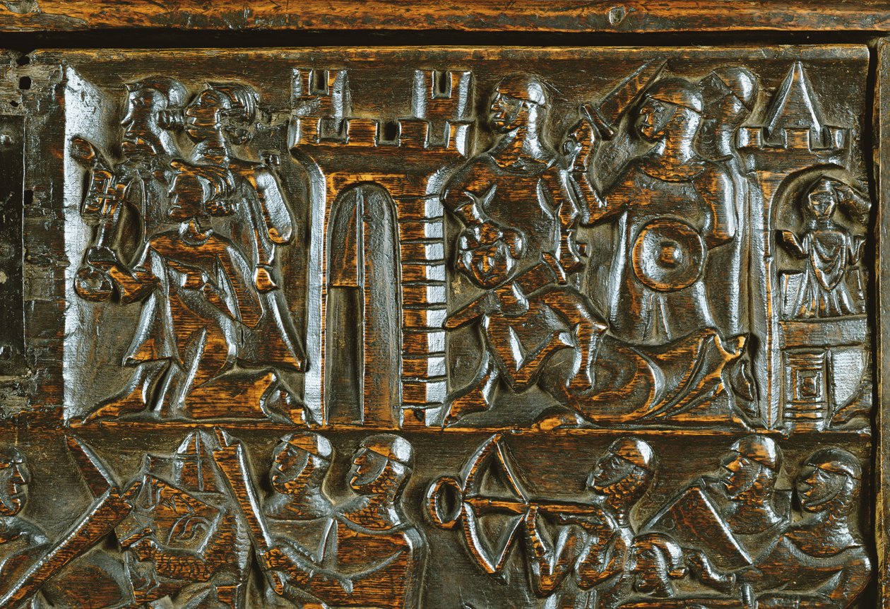 Die Courtrai-Truhe, die flämische Fußsoldaten zeigt, die französische Kavallerie besiegen (Detail) von Flemish School