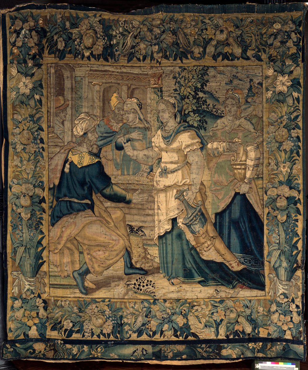 Die Universitätskollektionen. Flämischer Wandteppich. Jethros Töchter erzählen ihrem Vater von der Begegnung mit Moses. Oudenaarde. Ca. 1550 von Flemish School