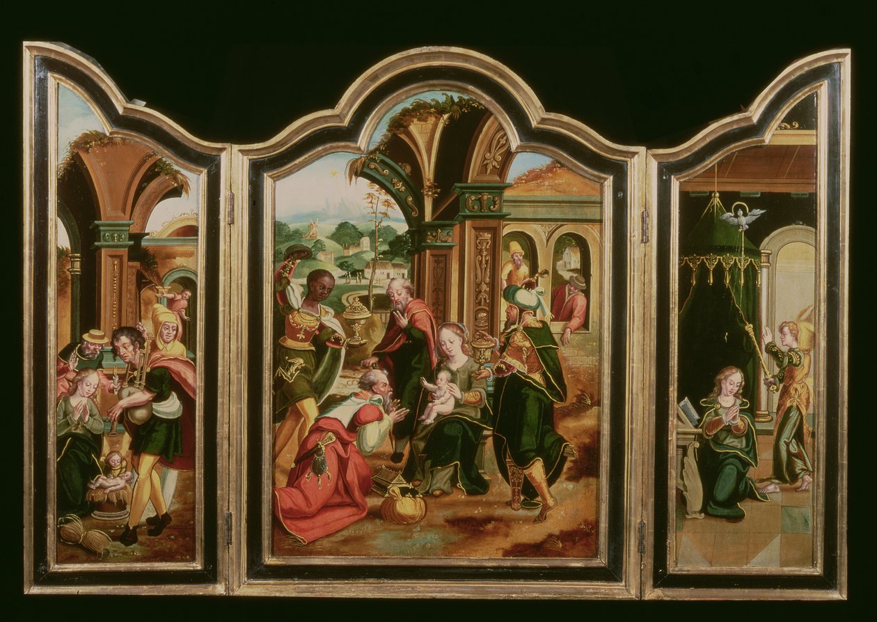 Triptychon: Die Anbetung der Könige (Mittelteil), Verkündigung (linker Teil), Anbetung der Hirten (rechter Teil) von Flemish School