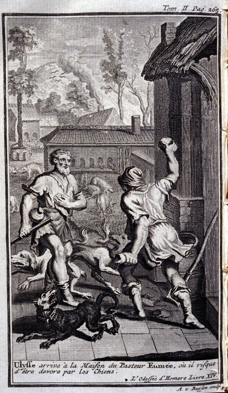 Odysseus kommt im Haus des Hirten Eumaios an oder wird möglicherweise von Hunden angegriffen. Illustration für Buch XIV der Odyssee von Homer, in der Odyssee, veröffentlicht in Amsterdam 1731, Privatsammlung Mailand. von Flemish School