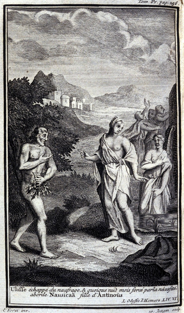 Odysseus entkommt dem Schiffbruch und nähert sich, obwohl nackt, aus Notwendigkeit Nausikaa, der Tochter von Antinoos. Illustration für Buch VI der Odyssee von Homer, in der Odyssee, veröffentlicht in Amsterdam 1731, Mailand. von Flemish School