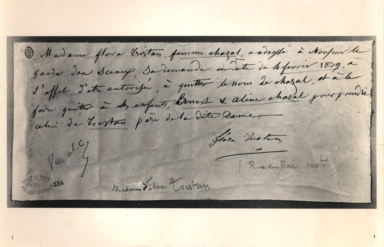 Autographierter Brief von Flora Tristan (1803-44) an den französischen Justizminister, mit der Bitte um Scheidung, 4. Februar 1839 von Flora Tristan
