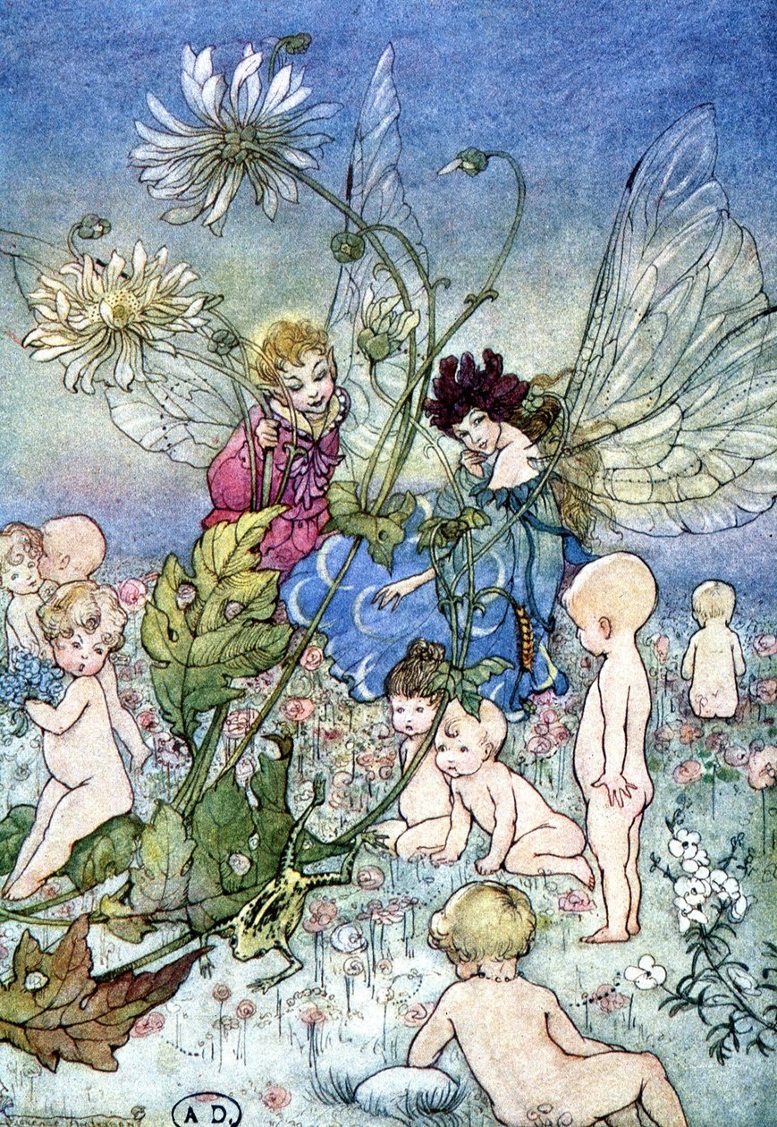 Frau-Libelle (Fee) und Elf umgeben von Babys - in „My Fairyland“ von Fiona Malcom, ill. Florence Anderson von Florence Anderson