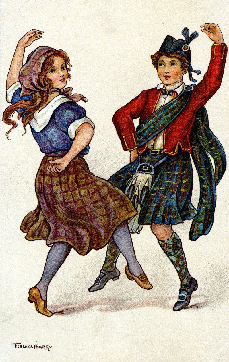 Paar tanzt in traditioneller schottischer Tracht. Chromolithographie von Florence Hardy von Florence Hardy