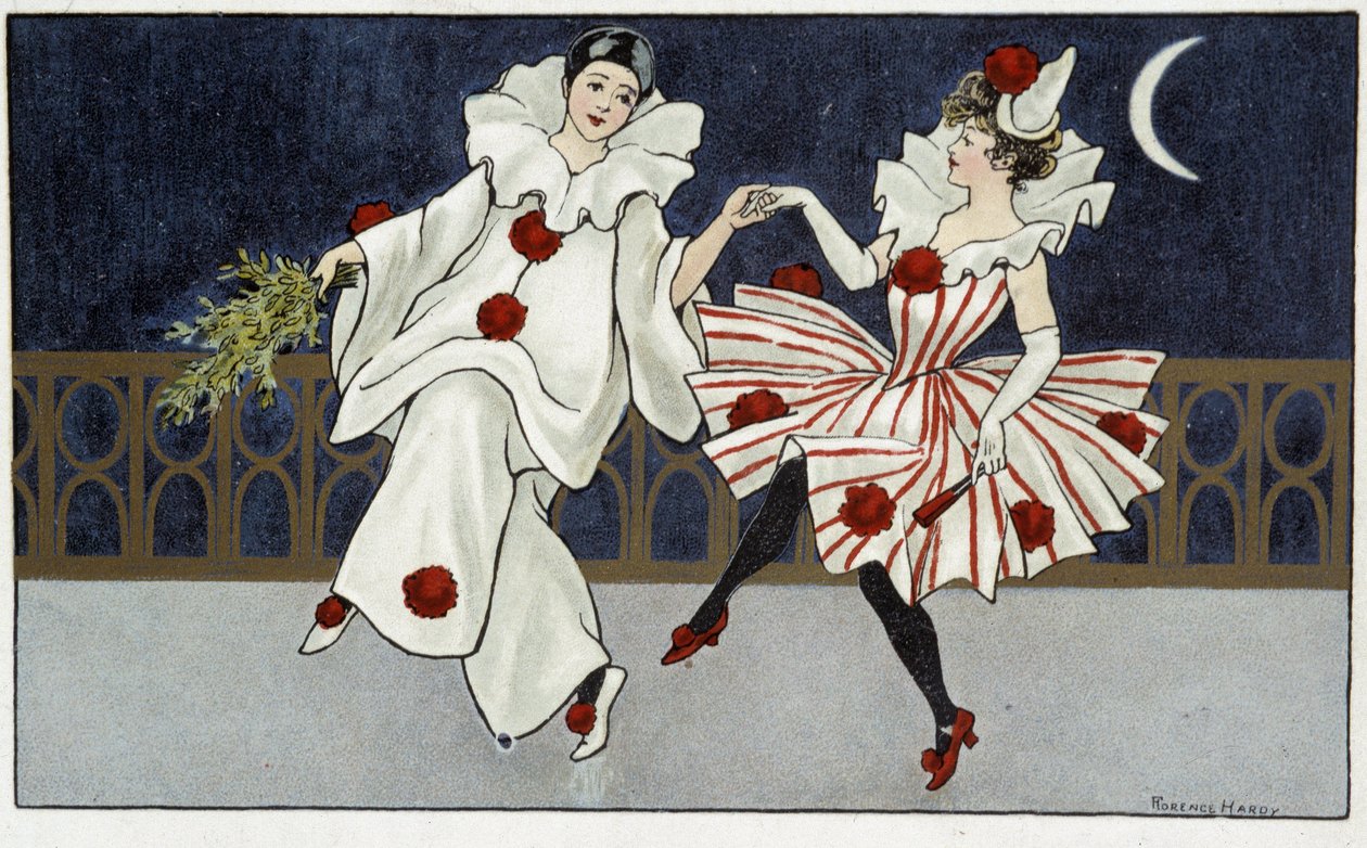 Pierrot und Colombine tanzen im Mondlicht - Zeichnung von Florence Hardy, Anfang 20. Jahrhundert von Florence Hardy