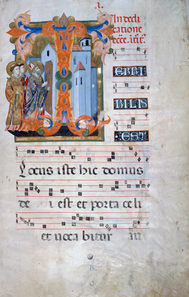 Illuminierte Initiale mit einem Bischof, der eine Kirche segnet (Corale 2, c. 1), für Chorbuch 2 von Santa Maria degli Angeli von Florentine School