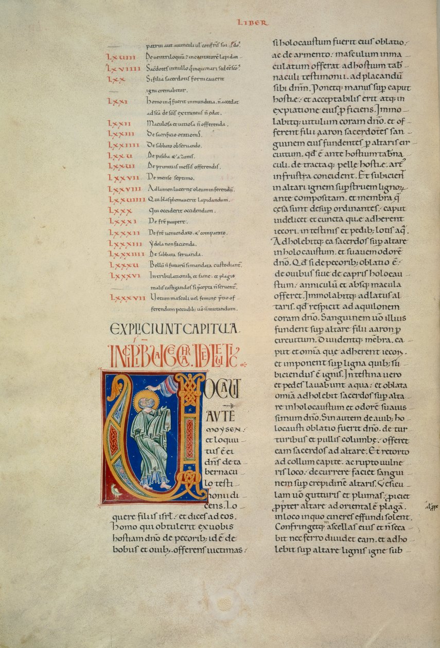 Seite aus der Bibel von Corbolino mit Initiale, die Gott zeigt, der zu Moses spricht (Cod. Conventi Soppressi 630, c. 52v), Manuskript von Florentine School