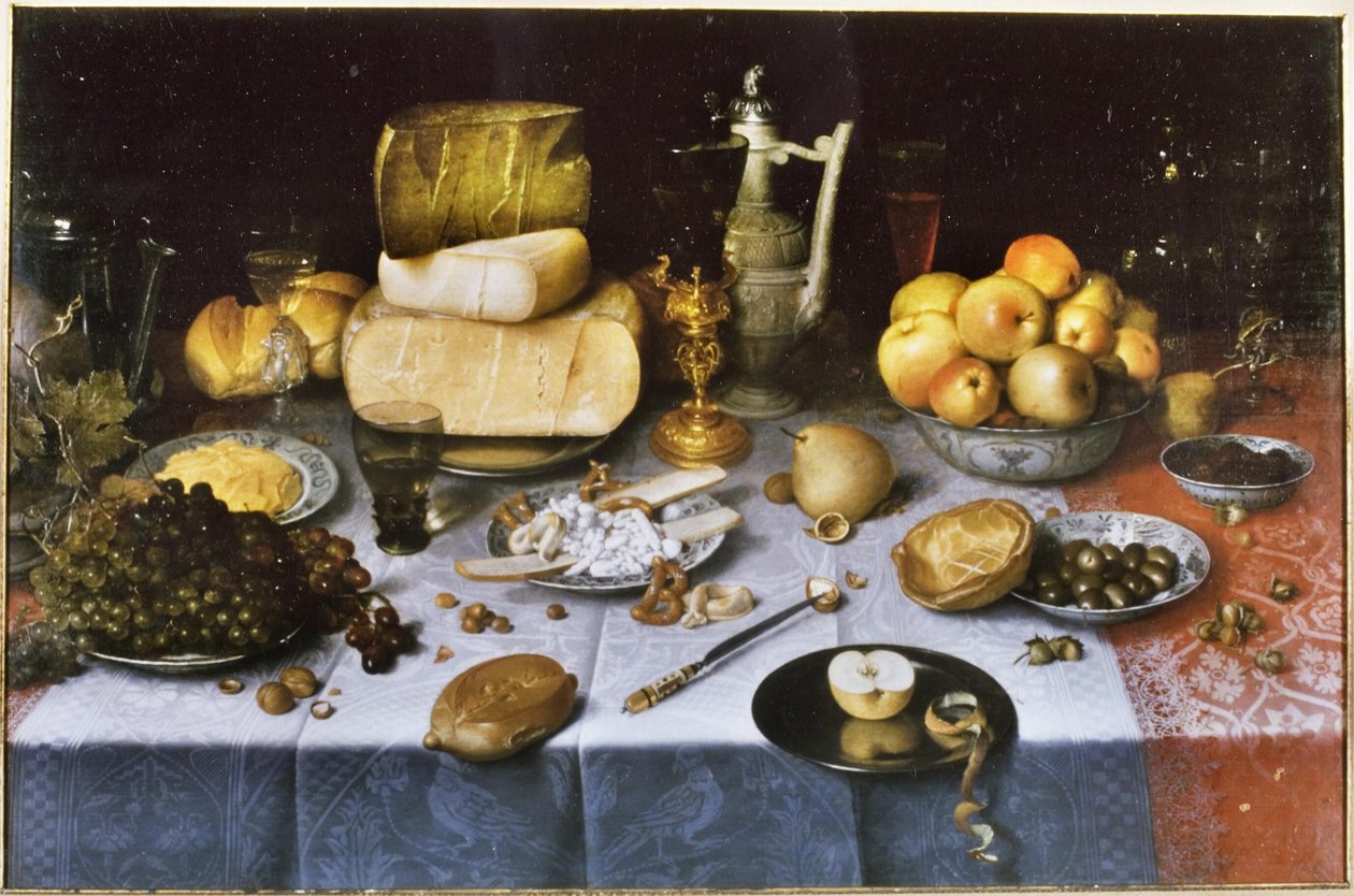 Prunkstillleben mit Früchten, Käse, Brot und Wein von Floris van Dyck