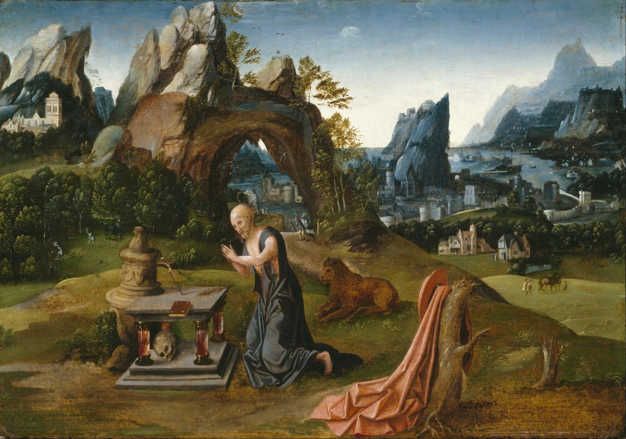 Der heilige Hieronymus betend in einer Landschaft von Follower of Joachim Patinir