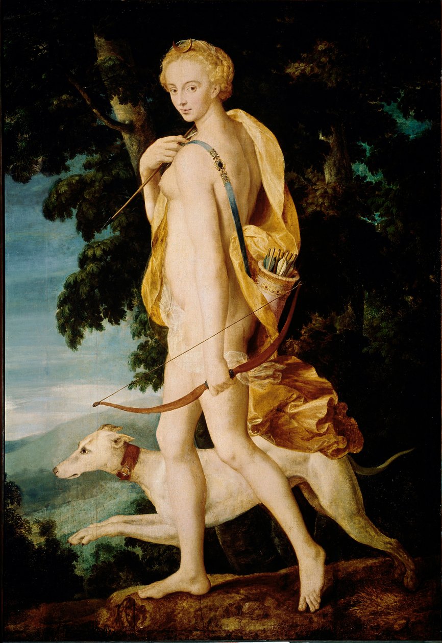 Die Göttin mit einem Bogen wird von einem Hund begleitet. Malerei der Schule von Fontainebleau. 16. Jahrhundert von Fontainebleau School